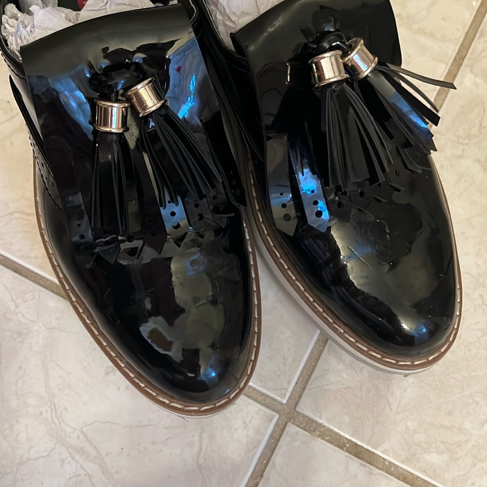Zara Womens Black Pattent🥿👞👠👞👡Round Toe Platform  Derby  Shoes Loafers